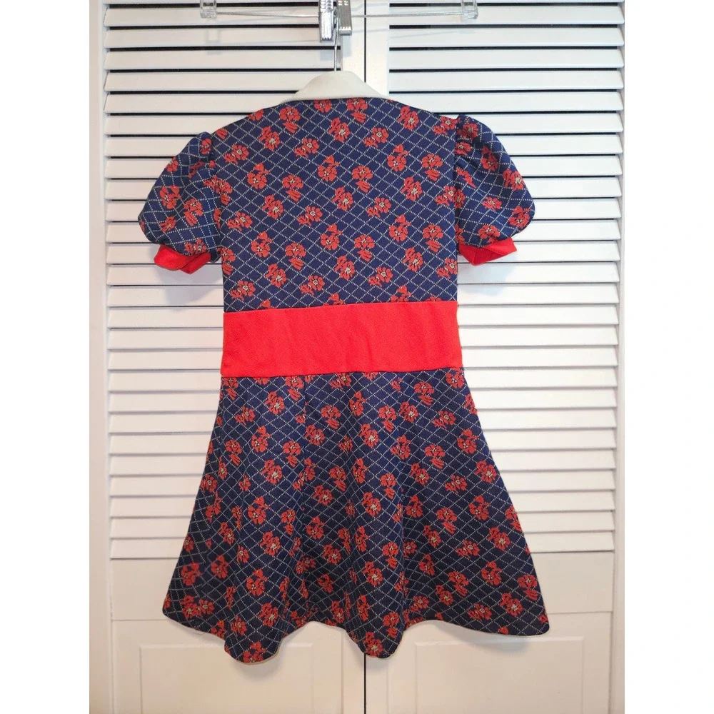 Vintage 70s Girls Navy Red Floral Trellis Dress Short Puff Sleeve Faux Vest 52